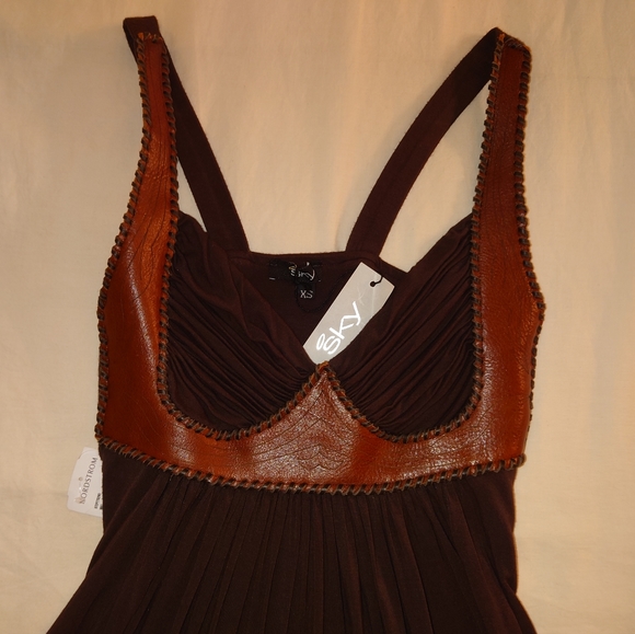 NWT Brown SKY Brand Leather Bustier Corset Mini Dress Tunic XS / 2 Fit & Flare - Picture 5 of 14